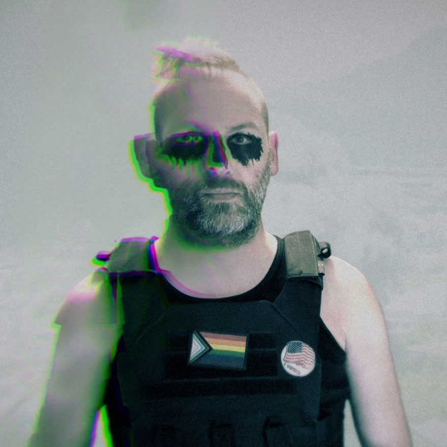 A glitch-style portrait of Will Leffert with blacked out eye makeup, wearing a black plate carrier with a pride flag patch and an "I Voted" sticker