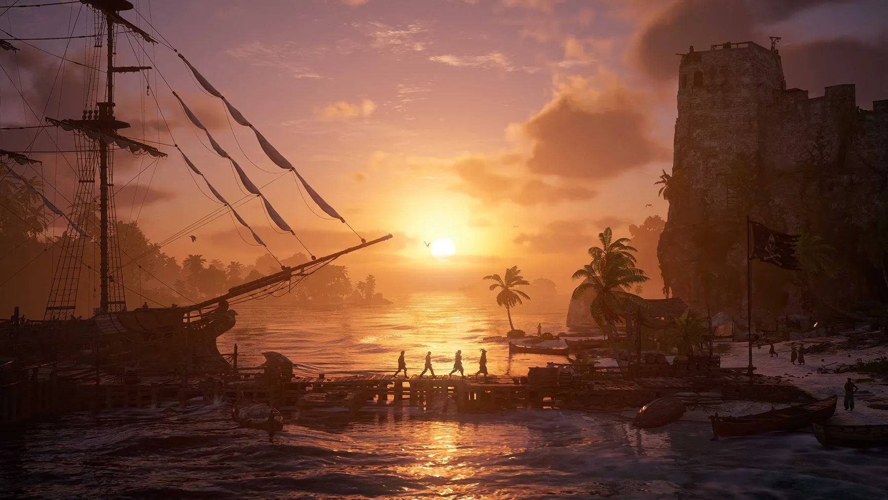 A screenshot from Ubisoft's Assassin's Creed: Black Flag Resynced. It showcases 4 people walking away from a docked ship across a plank to the beach as the sun sets across from us. They are in silhouette.