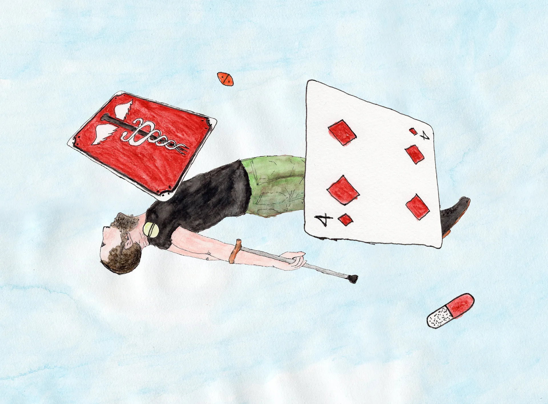 A watercolor painting of me - the author - floating on my back in the sky clutching my cane. Playing cards and pills fall around me; The back of the cards features the caduceus, and the closest card that is facing you is the 4 of diamonds.