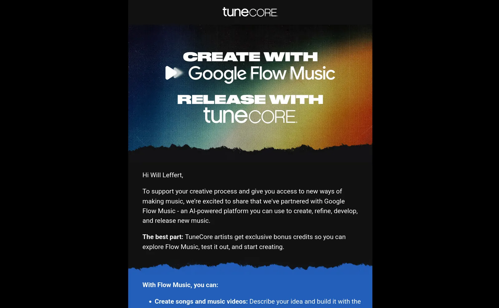 A screenshot of the e-mail announcement I received from TuneCore stating that they are partnering with Google to distribute AI-generated music.